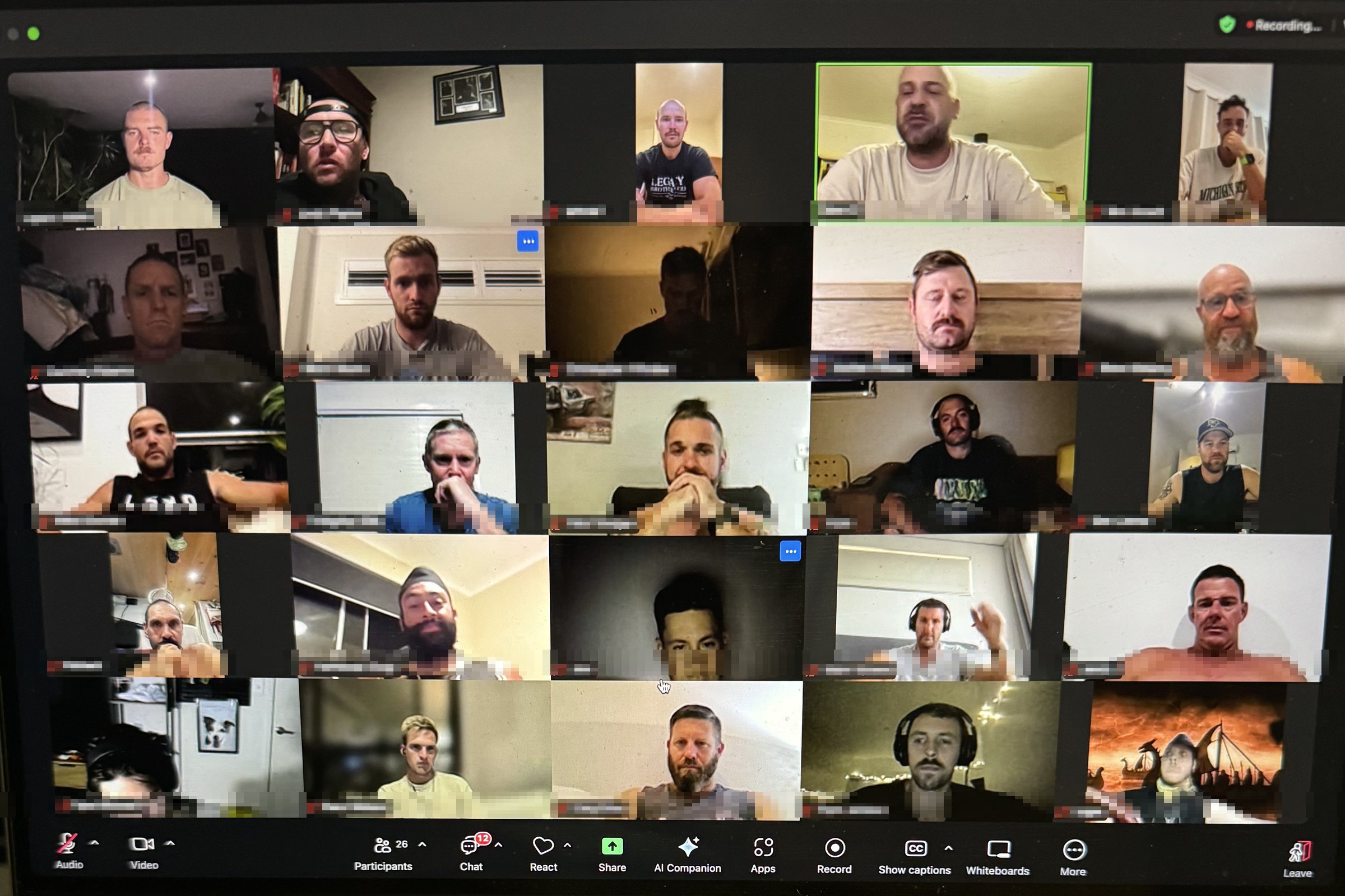 A Zoom grid of people on a Black Belt Results call, their names blurred.