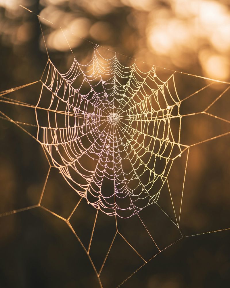 A spider web covered in dew, glowing gold in the early morning light.